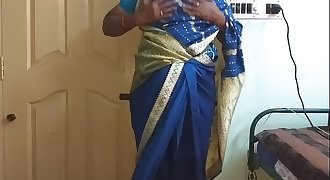desi north indian horny cheating wife vanitha wearing blue colour saree  showing big knockers and shaved pussy press hard knockers press nip rubbing pussy onanism